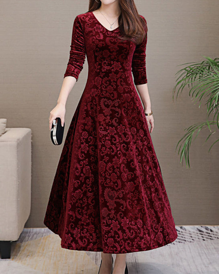 Women's Embossed Velvet A-Line Midi Dress with Long Sleeves