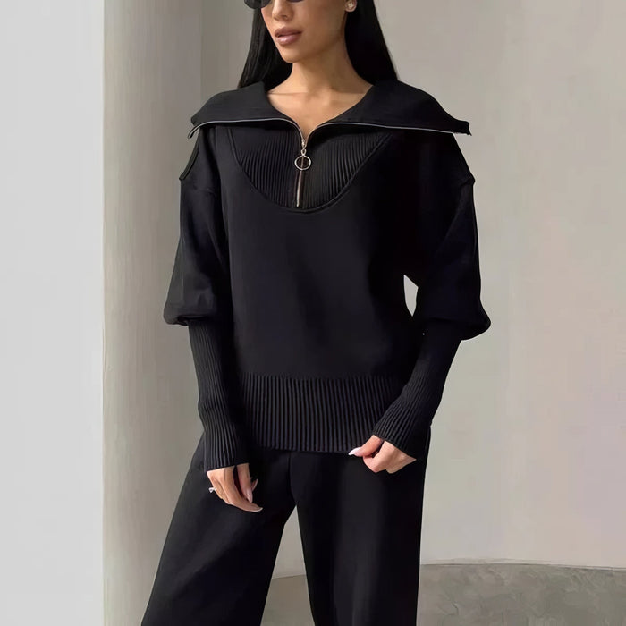 Women's Ribbed Half-Zip Loungewear Set with Collar